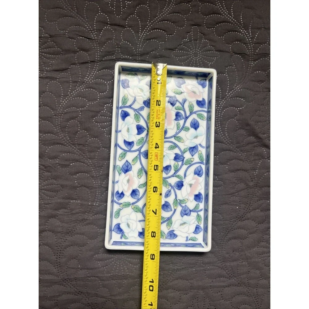 VTG Japanese Porcelain Rectangular Tray Lotus Floral Pink Blue Design Trinket